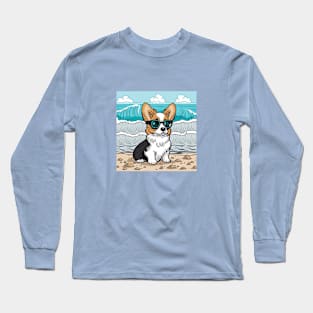 Cute corgi puppy on the sea beach Long Sleeve T-Shirt